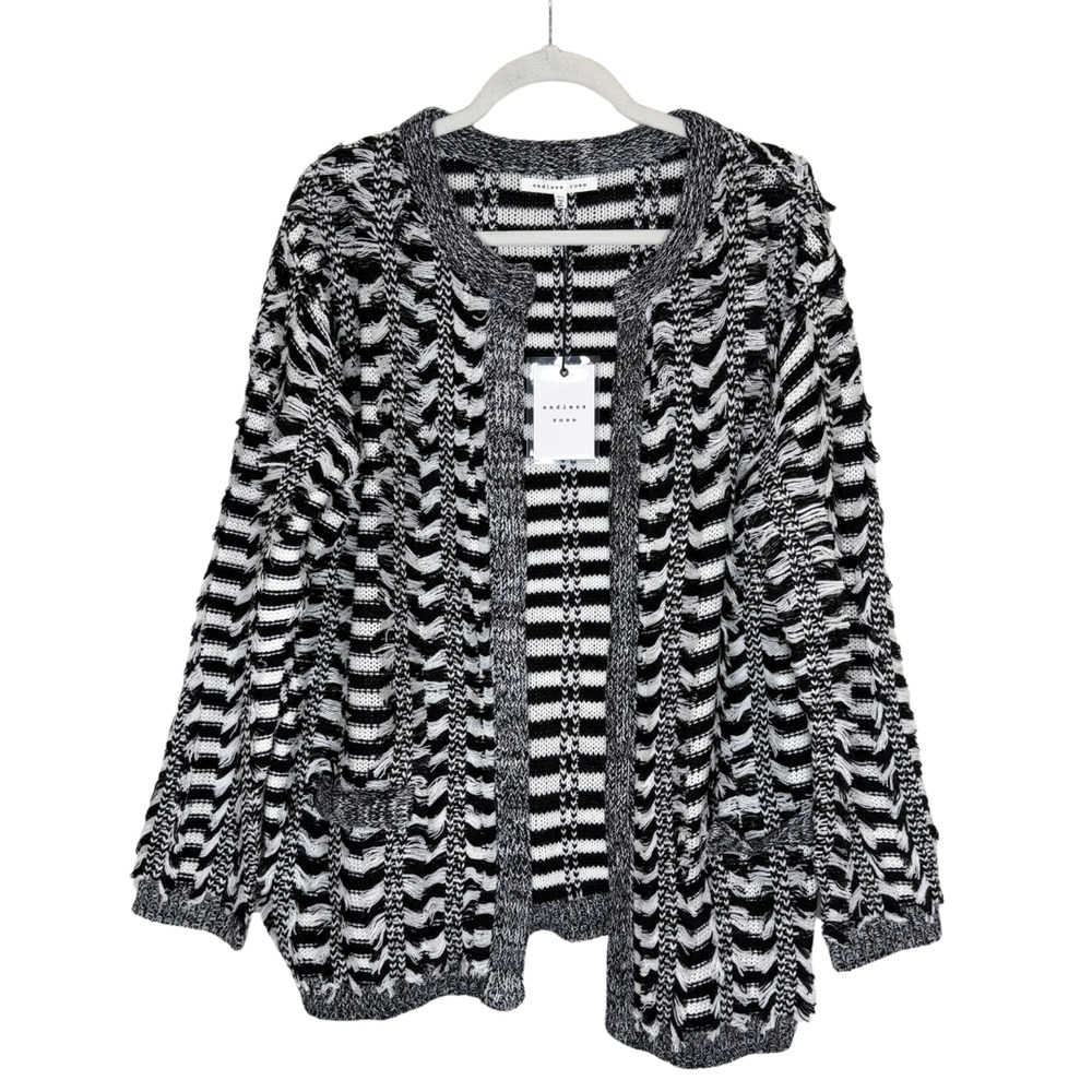 Endless Rose Open Front Striped Fringe Cardigan Sweater Size S/M Black White
